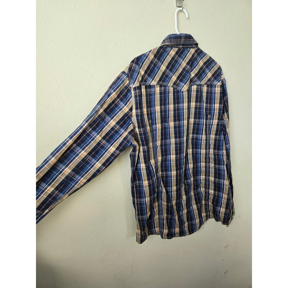 True Religion Mens Western Snap Plaid Shirt Navy Tan ML4BL68MNT XXL